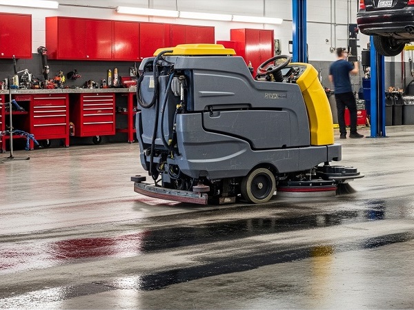 Self-propelled floor scrubber removing tire marks in an automotive garage